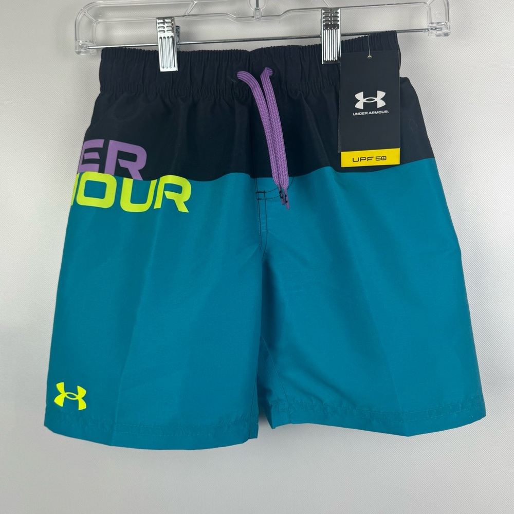 Under‎ Armour Boys Swim Trunks - teal  and navy size SMALL. NWT